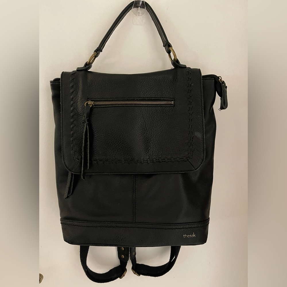The Sak black leather backpack.